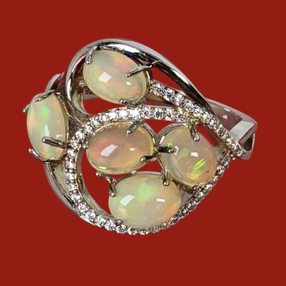 925 Sterling Silver Ring with Natural White Opals & CZ - Picture 6 of 9